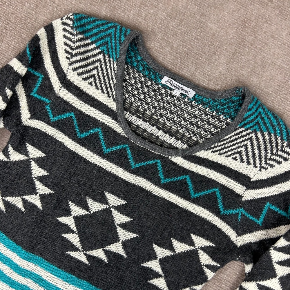 Stilletto's Sweater Dress Womens Large Black Blue Aztec Southwestern Scoop Neck